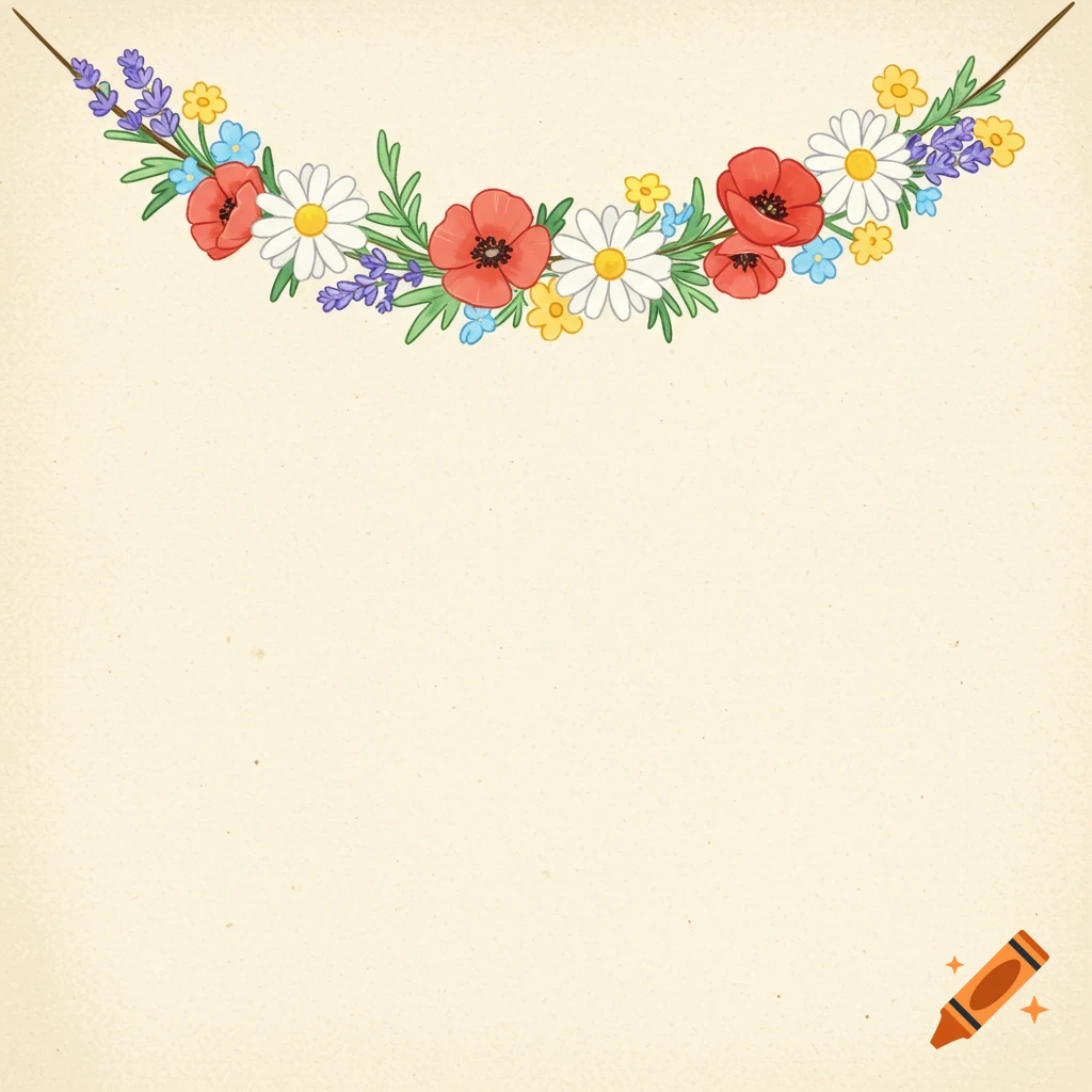 A casual illustration of a colorful floral garland with poppies, daisies, and lavender on a light, textured background.