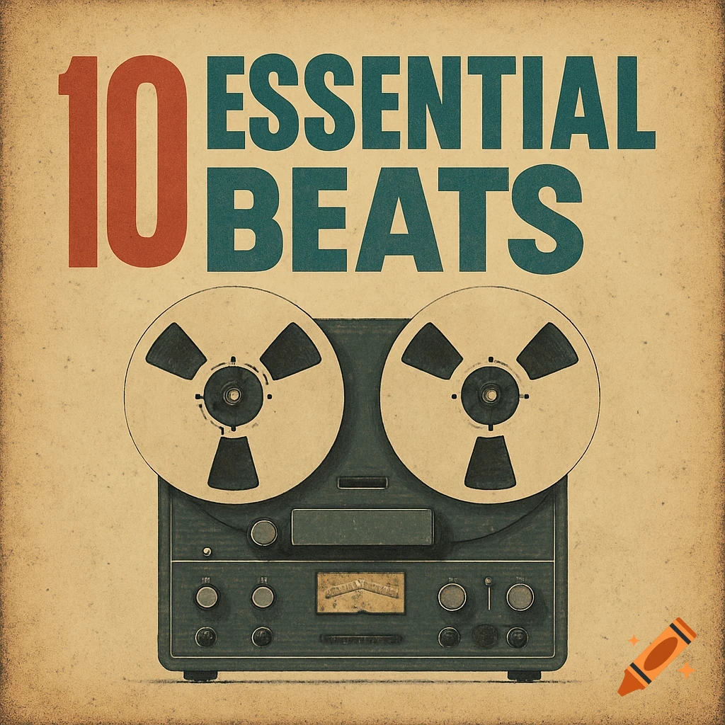 Vintage album cover featuring a reel-to-reel tape machine and the title '10 Essential Beats' with a distressed texture.