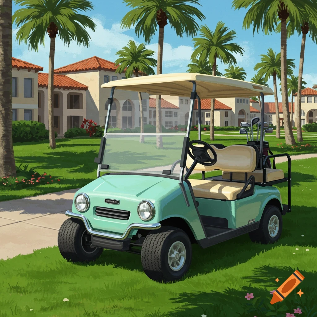 Mint green golf cart with golf clubs parked on a resort golf course with palm trees and Spanish-style buildings, illustration.