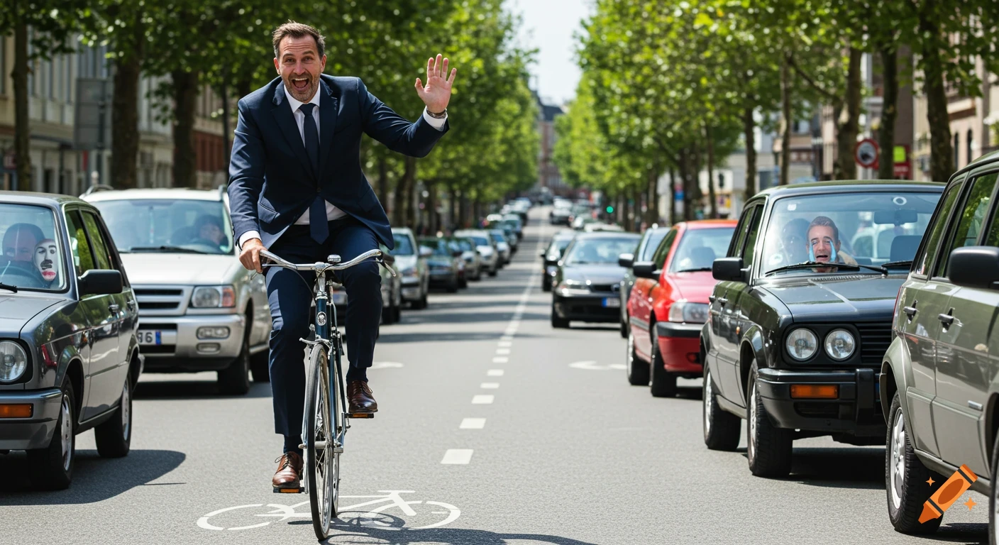 A man in a suit happily rides a bicycle down the middle of a street, waving at cars stuck in a comically small and congested car lane. Drivers in the cars appear to be weeping with visible tears.