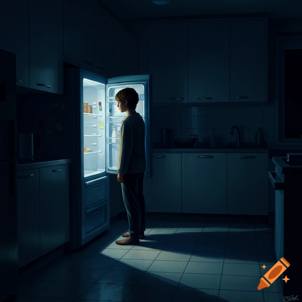 A person stands in a dimly lit kitchen, looking into an open, glowing refrigerator late at night, in an illustrative style.