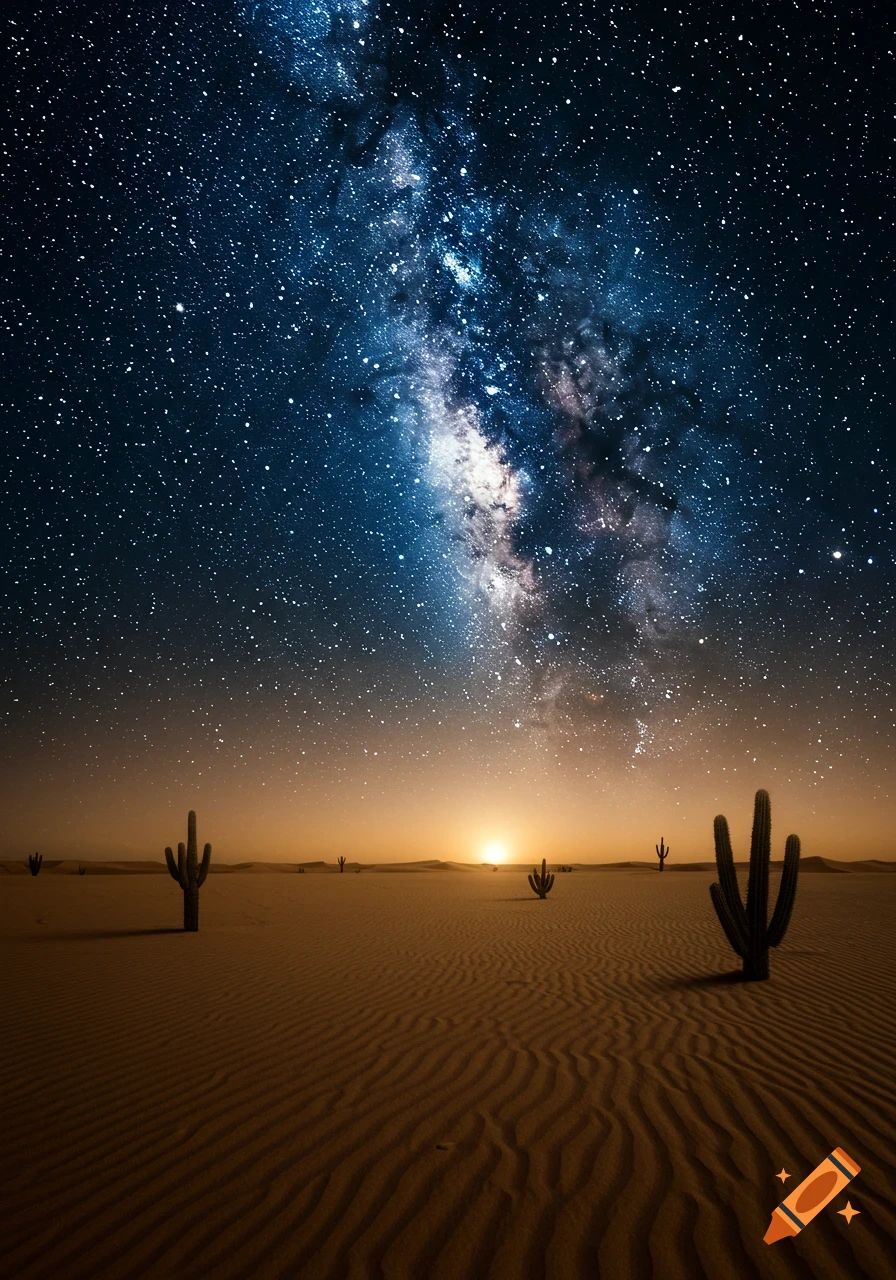 A panoramic view of a vast desert landscape with saguaro cacti under a brilliant, star-filled night sky showcasing the Milky Way galaxy.