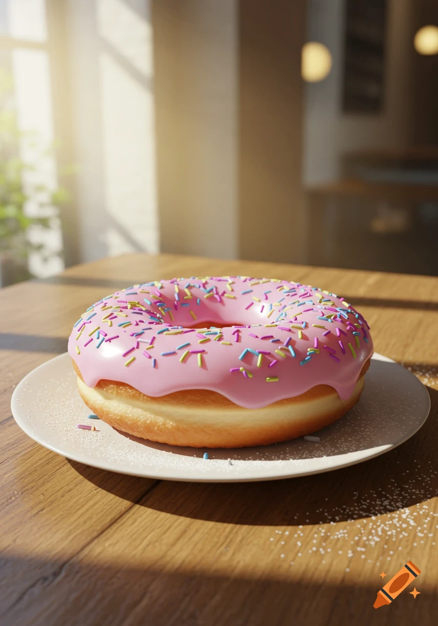 A photorealistic donut with pink icing and colorful sprinkles on a white plate on a wooden table with sunlight.