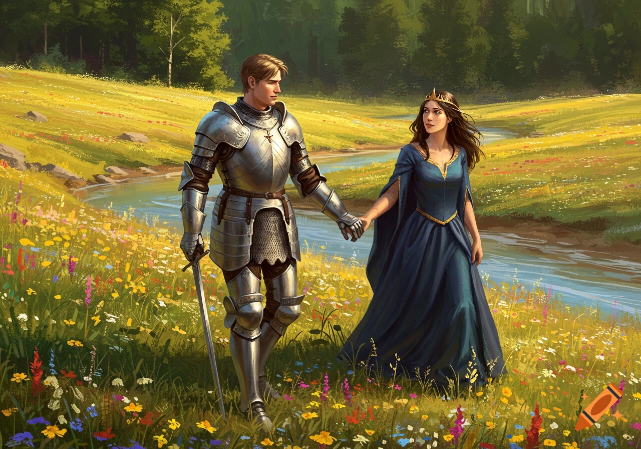 A knight in full armor and a princess in a blue gown hold hands, walking through a vibrant wildflower field beside a river, with a forest behind them.