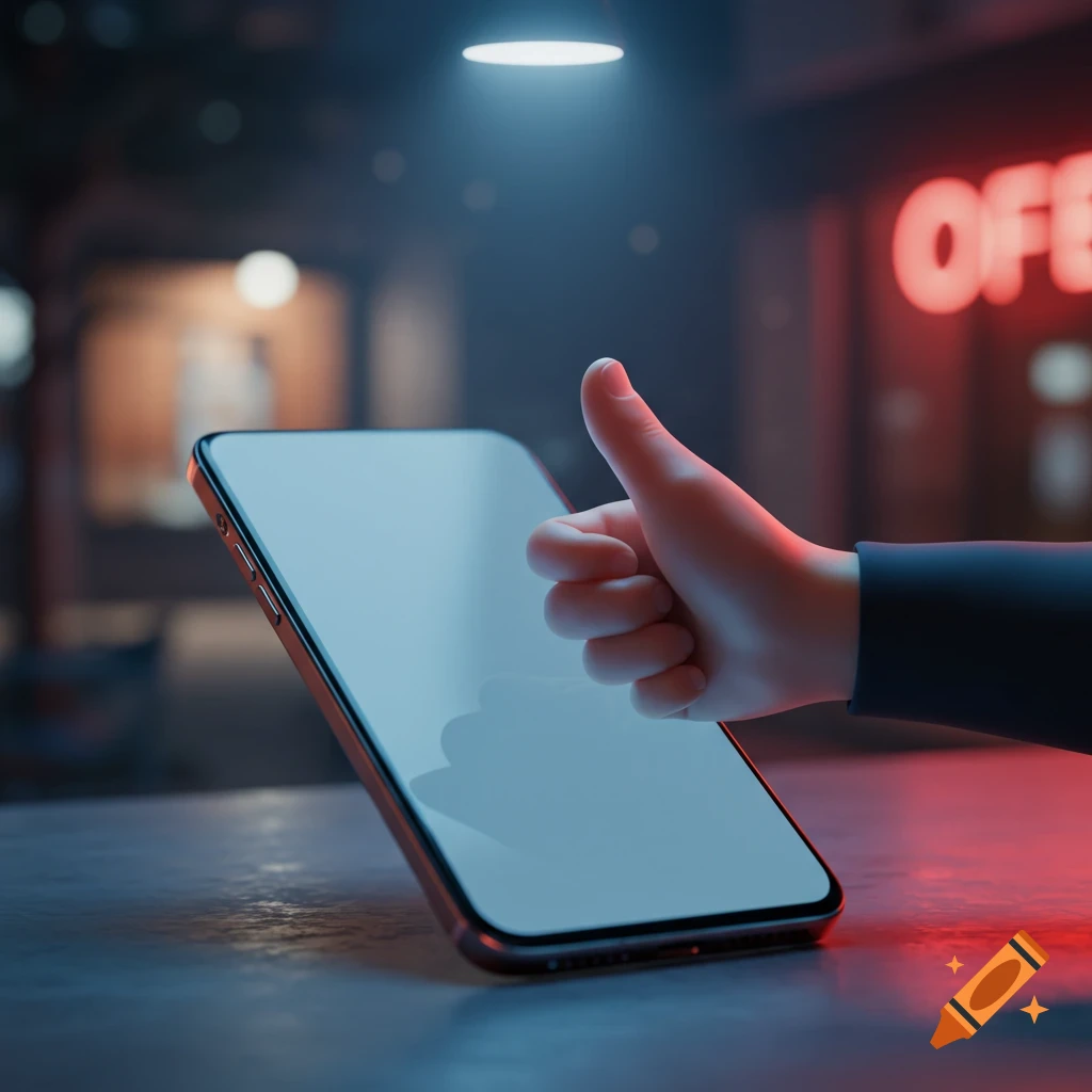A stylized hand gives a thumbs-up over a smartphone with a blank screen in a neon-lit, dimly lit setting.