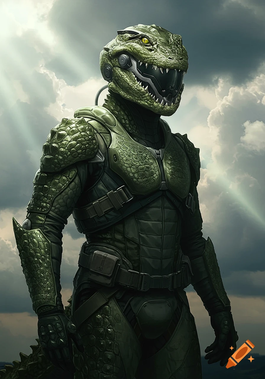 A bipedal crocodile-like creature in green futuristic armor stands against a cloudy, sunlit sky.
