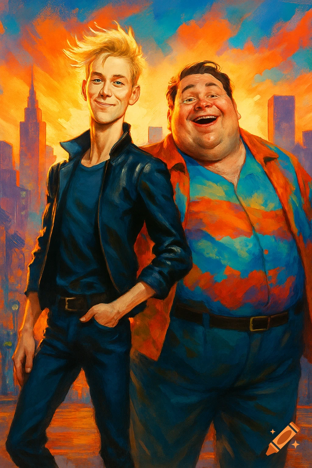 Painted illustration of a thin blonde man and a smiling heavy-set man in front of a colorful city sunset.