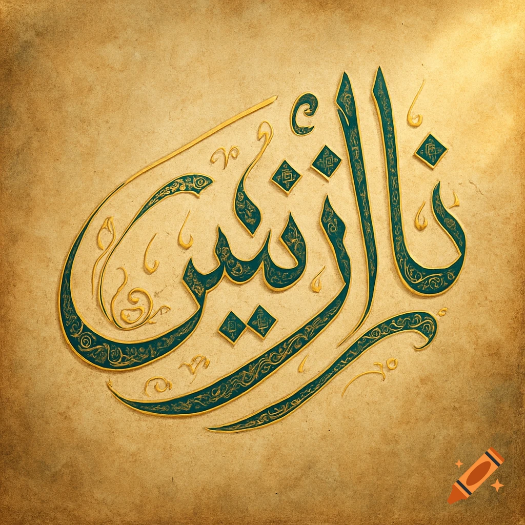 Golden and teal Arabic calligraphy of the name 'Nazanin' on an aged parchment background.