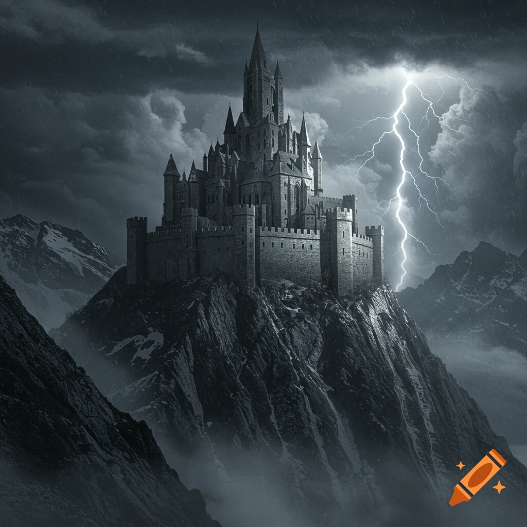 A photorealistic dark gothic castle atop a rocky mountain during a severe thunderstorm with a bright lightning bolt.