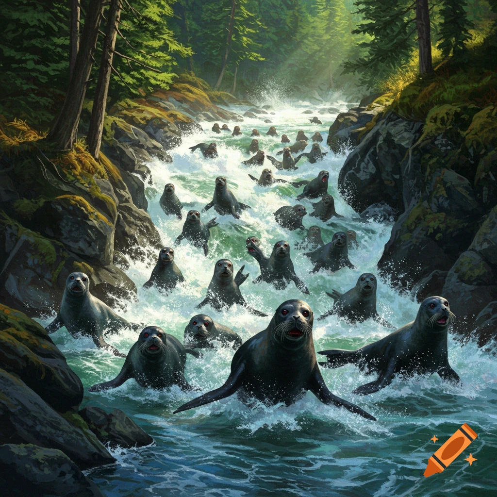 Numerous furious harbor seals stampede down a whitewater river through a lush forest, depicted in a vivid illustration.