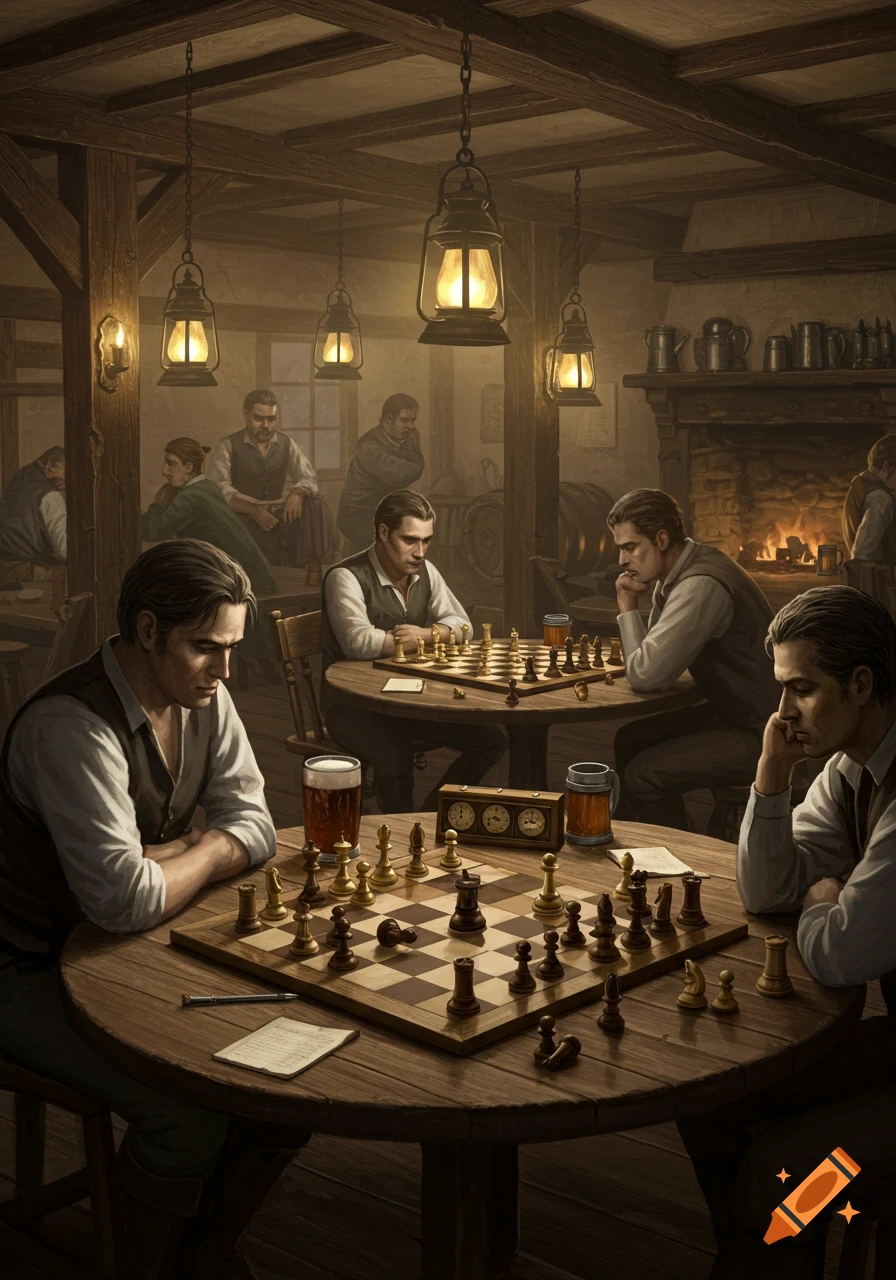 Men in old-fashioned attire play chess in a dimly lit, rustic pub with lanterns and a fireplace.