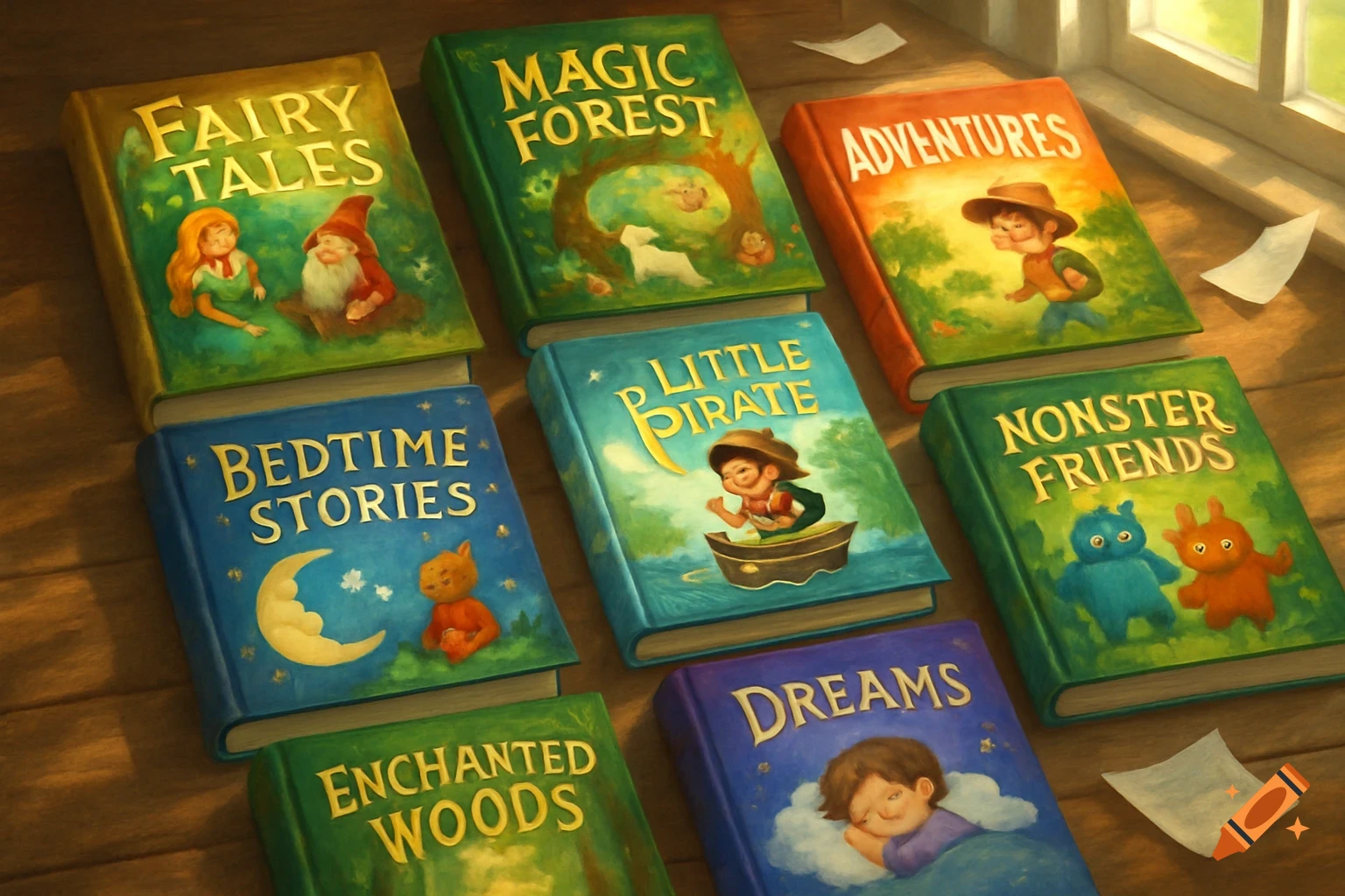 An overhead view of several colorful children's storybooks with various titles and illustrations on a wooden floor next to a window.
