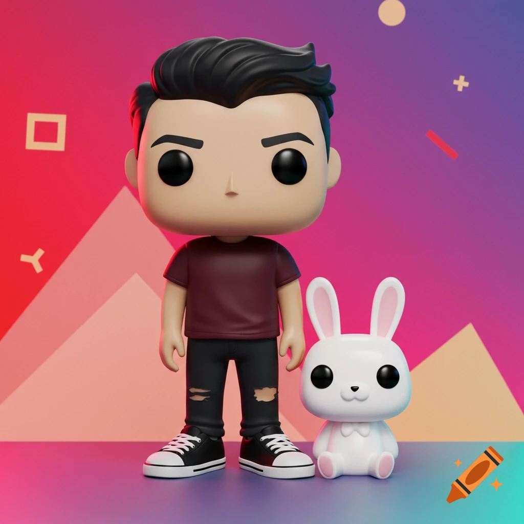 A male Funko Pop figure with black hair, a dark red t-shirt, and black jeans stands next to a white Funko Pop bunny on a colorful geometric background.