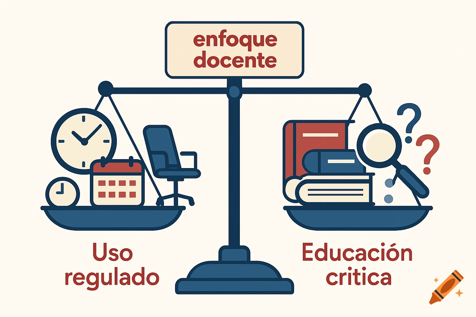 Illustration: A balance scale comparing 'Regulated Use' (clocks, calendar, chair) to 'Critical Education' (books, magnifying glass) under 'Teaching Approach'.