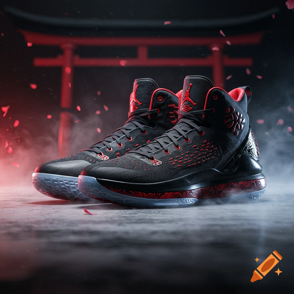 Photorealistic black and red basketball shoes with samurai-inspired design, set against a blurred red torii gate and falling petals.