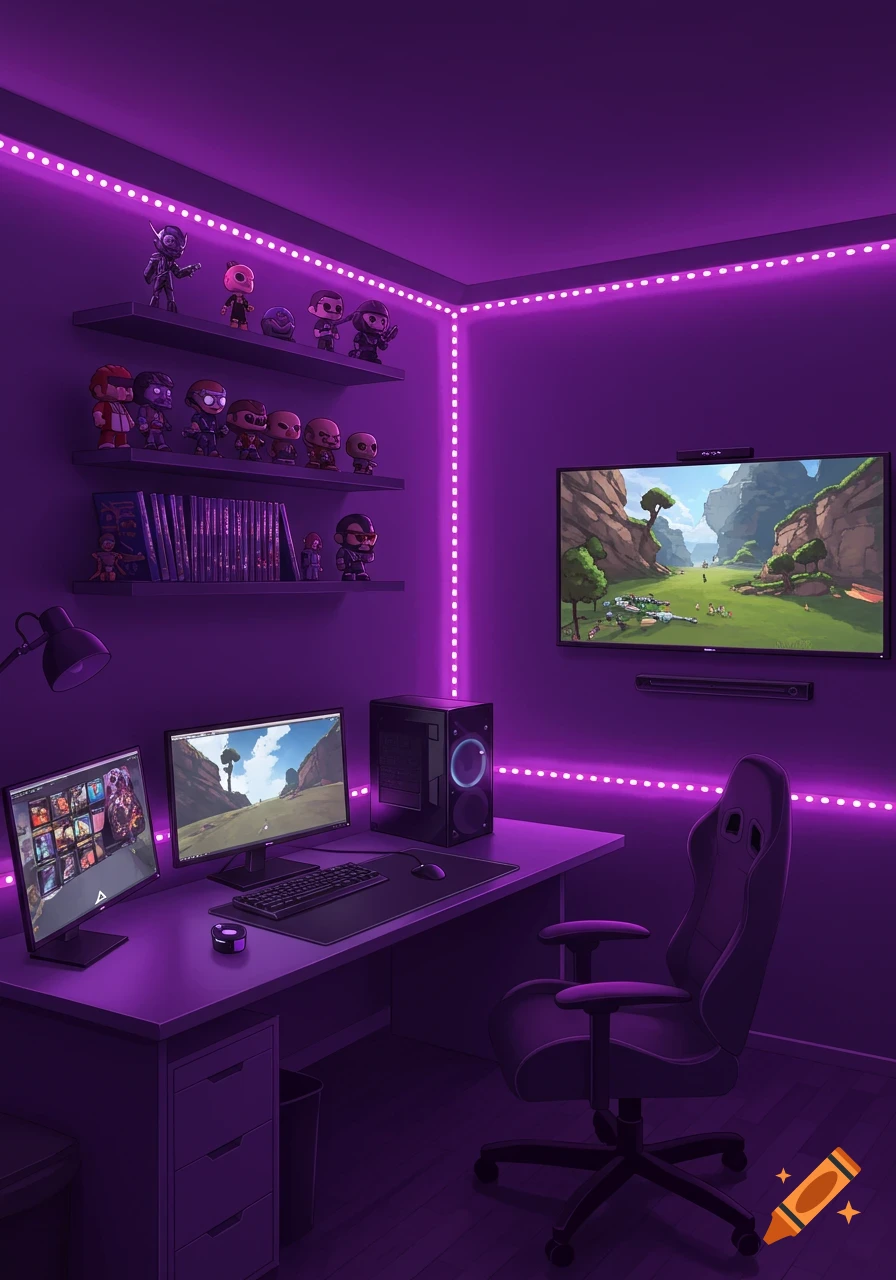 Illustrated purple gaming room with a desk, dual monitors, PC, gaming chair, shelves of collectibles, and a large TV showing a game.