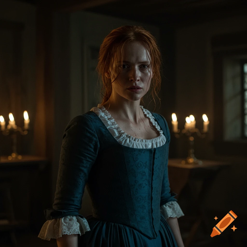A red-haired woman in a blue period dress with white ruffles looks distressed in a dimly lit room with flickering candles.