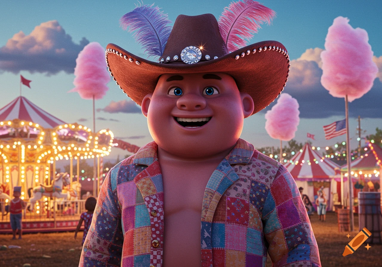 A smiling, stout cartoon man in a brown cowboy hat with feathers and a colorful patchwork jacket stands at a vibrant carnival with a carousel and cotton candy trees.