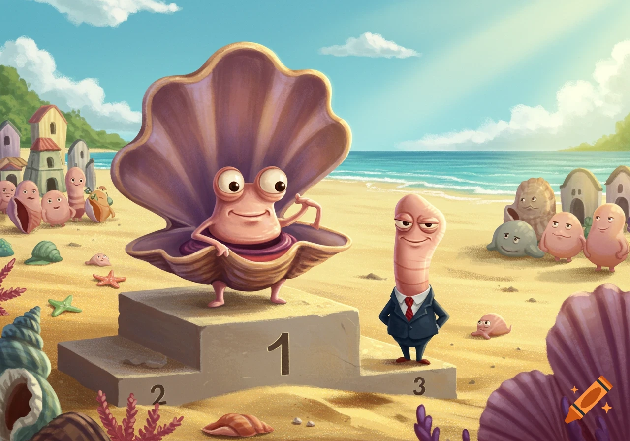 A whimsical cartoon of a clam on a first-place podium and a worm in a suit on a third-place podium, on a sandy beach.
