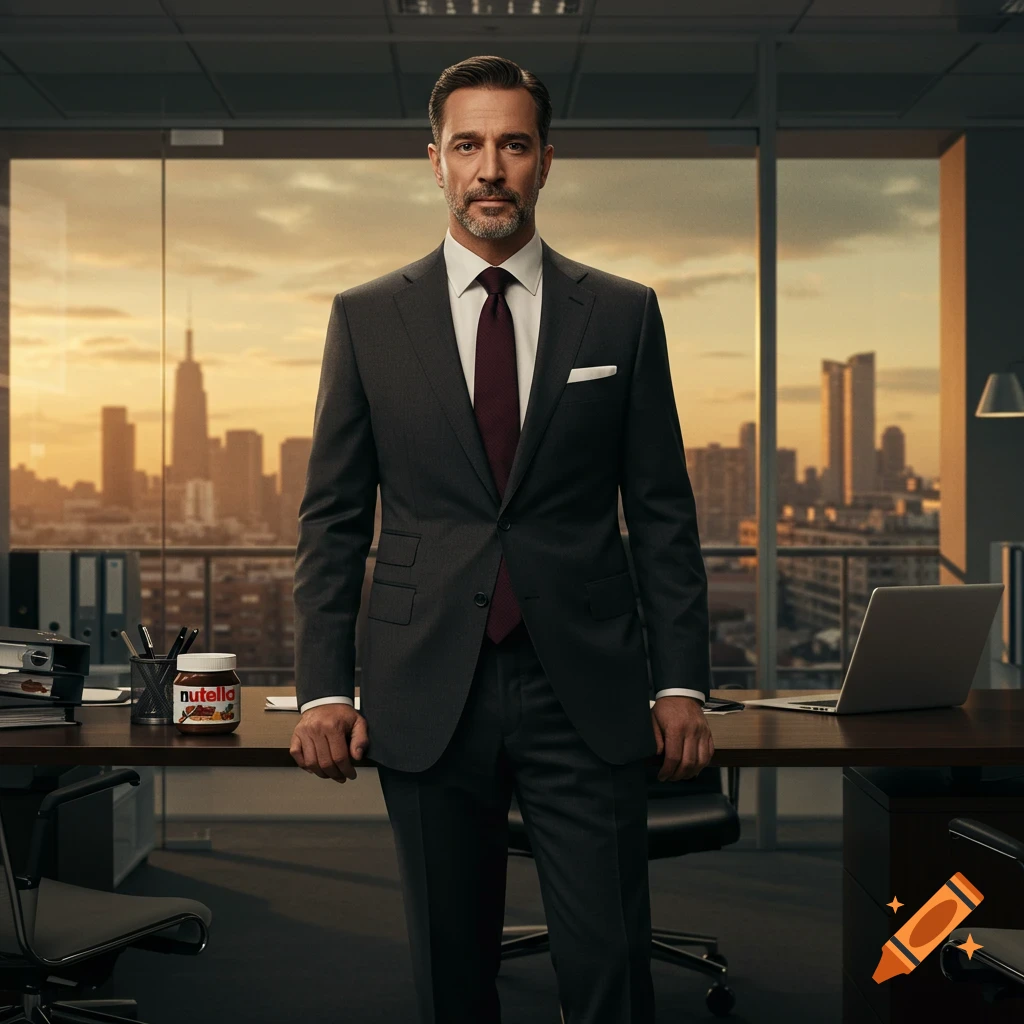 Photorealistic portrait of a businessman in a suit in a modern office with a Nutella jar, city skyline at sunset.