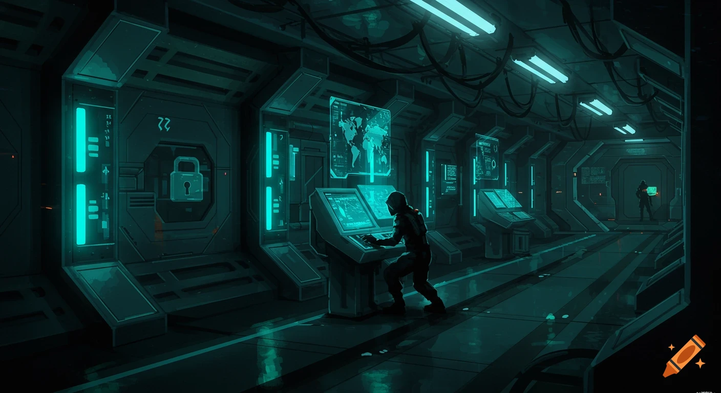 A stylized sci-fi control room with teal lighting, showing a crouched figure interacting with a console and another figure in the background.