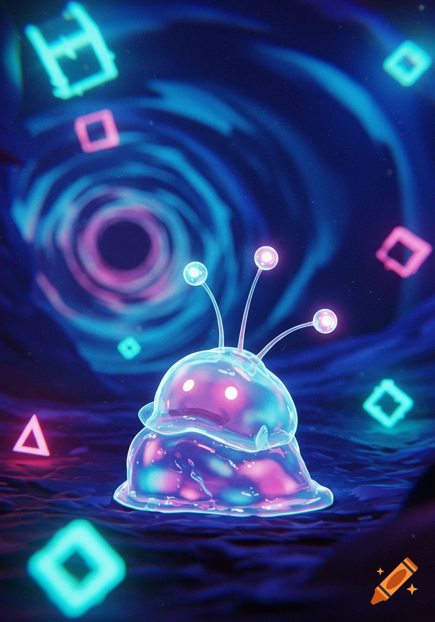 A glowing, translucent blue and pink blob creature with three antennae tips emitting light sits in a dark, neon digital void.