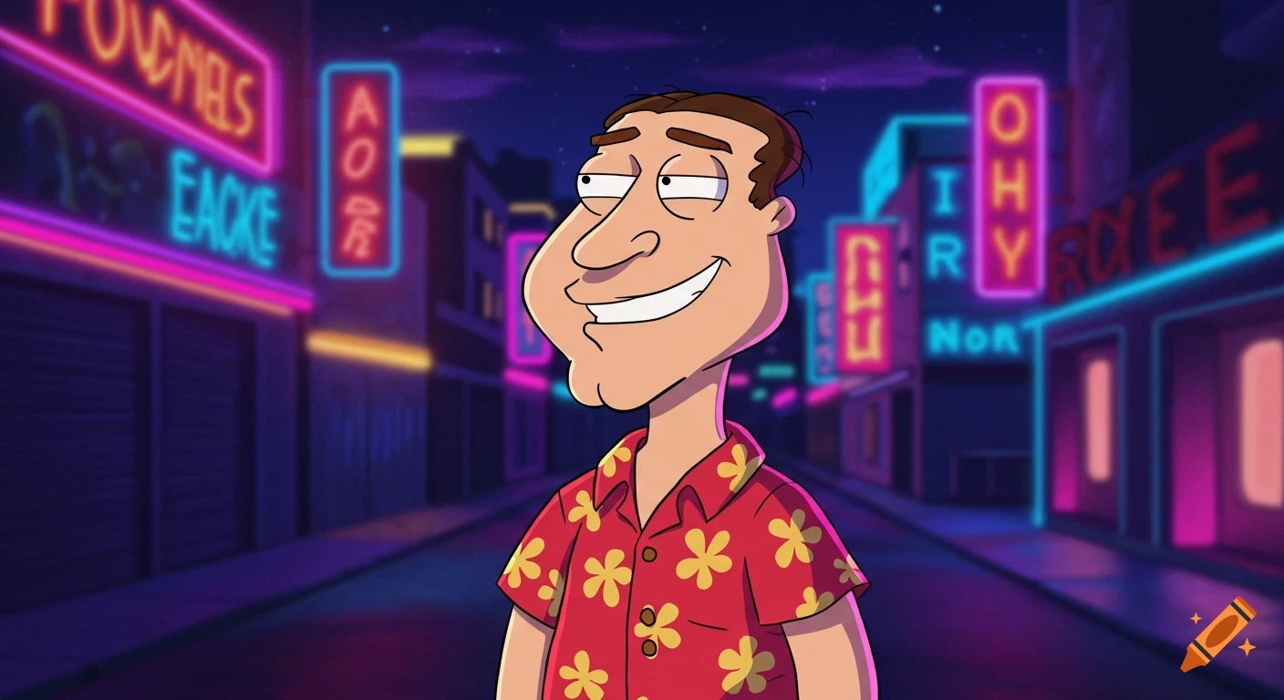 Cartoon character resembling Quagmire from Family Guy smiles on a neon-lit urban street at night, wearing a Hawaiian shirt.