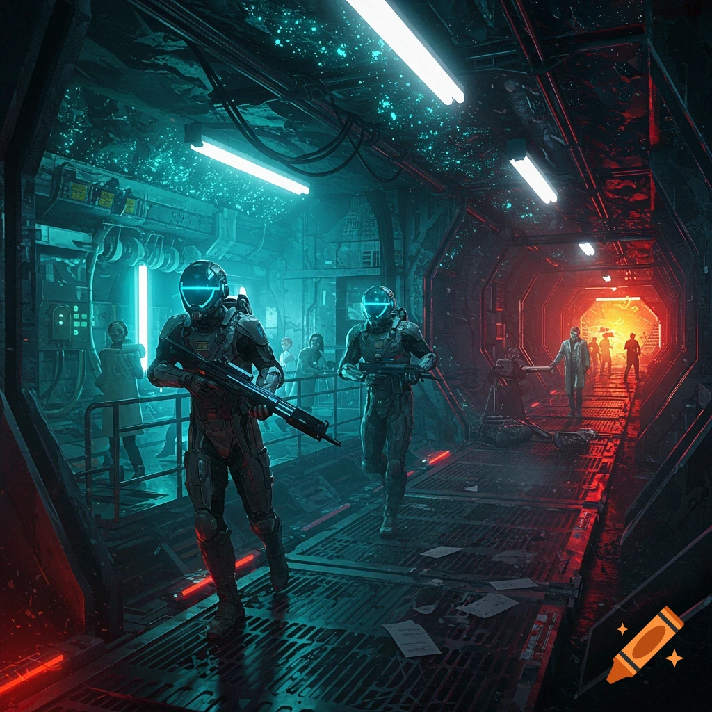 Armed astronauts run through a neon-lit, futuristic underground bunker, rescuing scientists from a reactor accident.