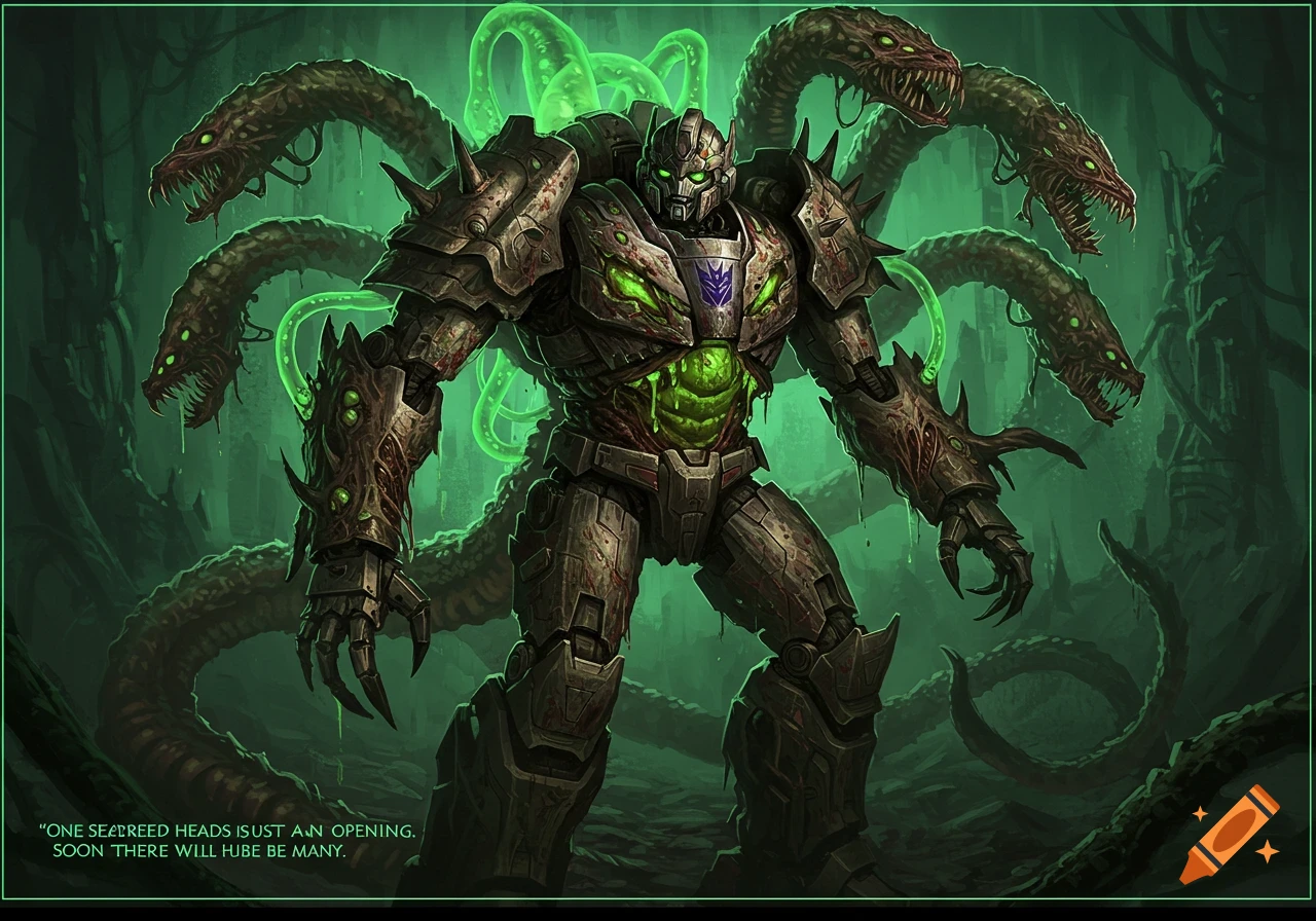 A monstrous, corroded biopunk robot with glowing green parts and multiple hydra-like heads emerging from its back, against a murky green background.
