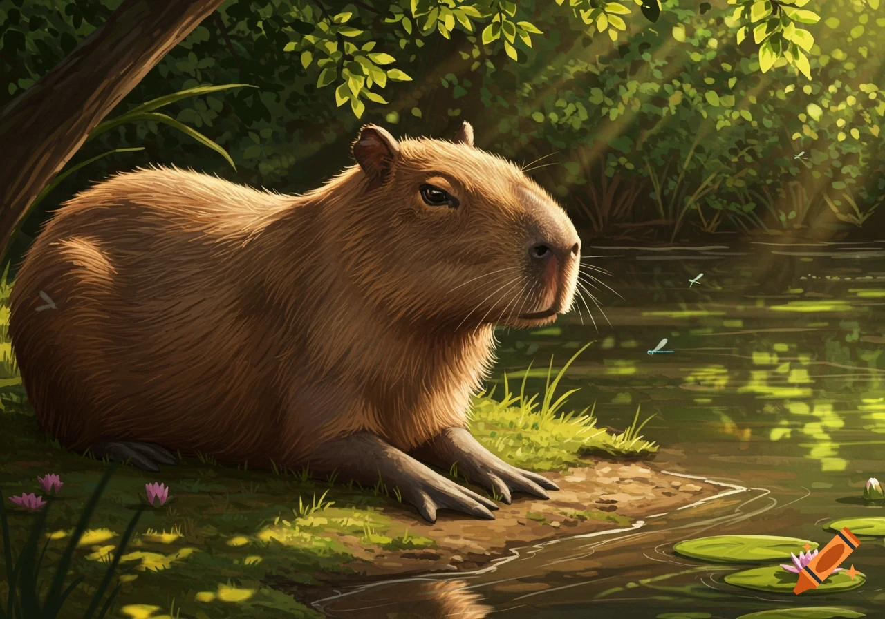 A detailed illustration of a large brown capybara lying by a sunlit pond with lily pads and dragonflies in a lush green forest.