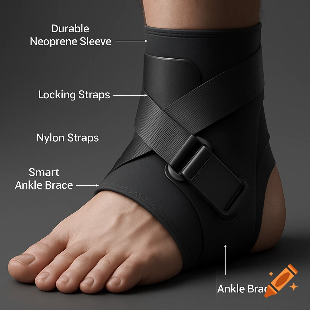Close-up of a foot wearing a black smart ankle brace with labels pointing to its neoprene sleeve, locking straps, and nylon straps.