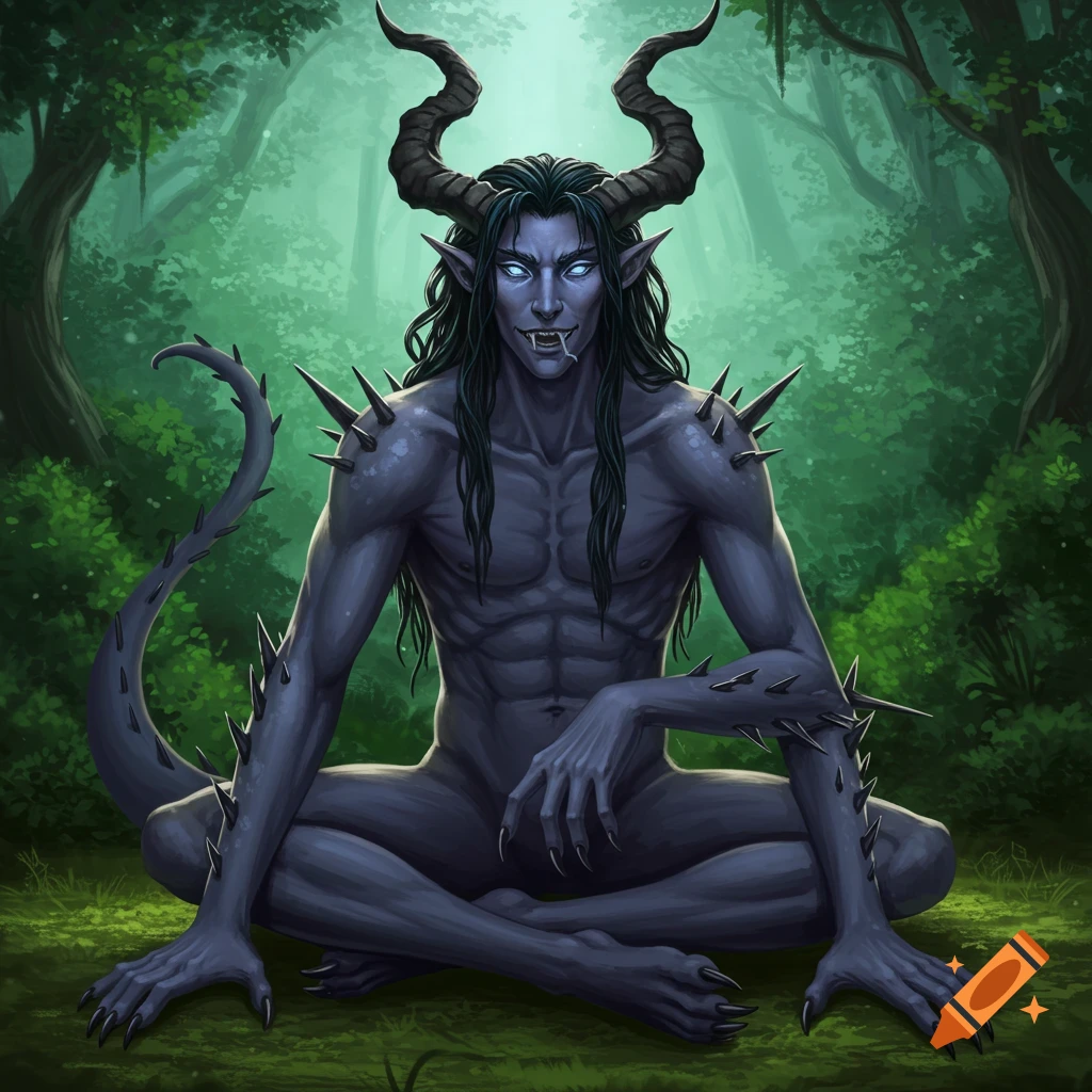 A dark-skinned, horned, spiky demon-like creature with blue eyes sits cross-legged in a forest.