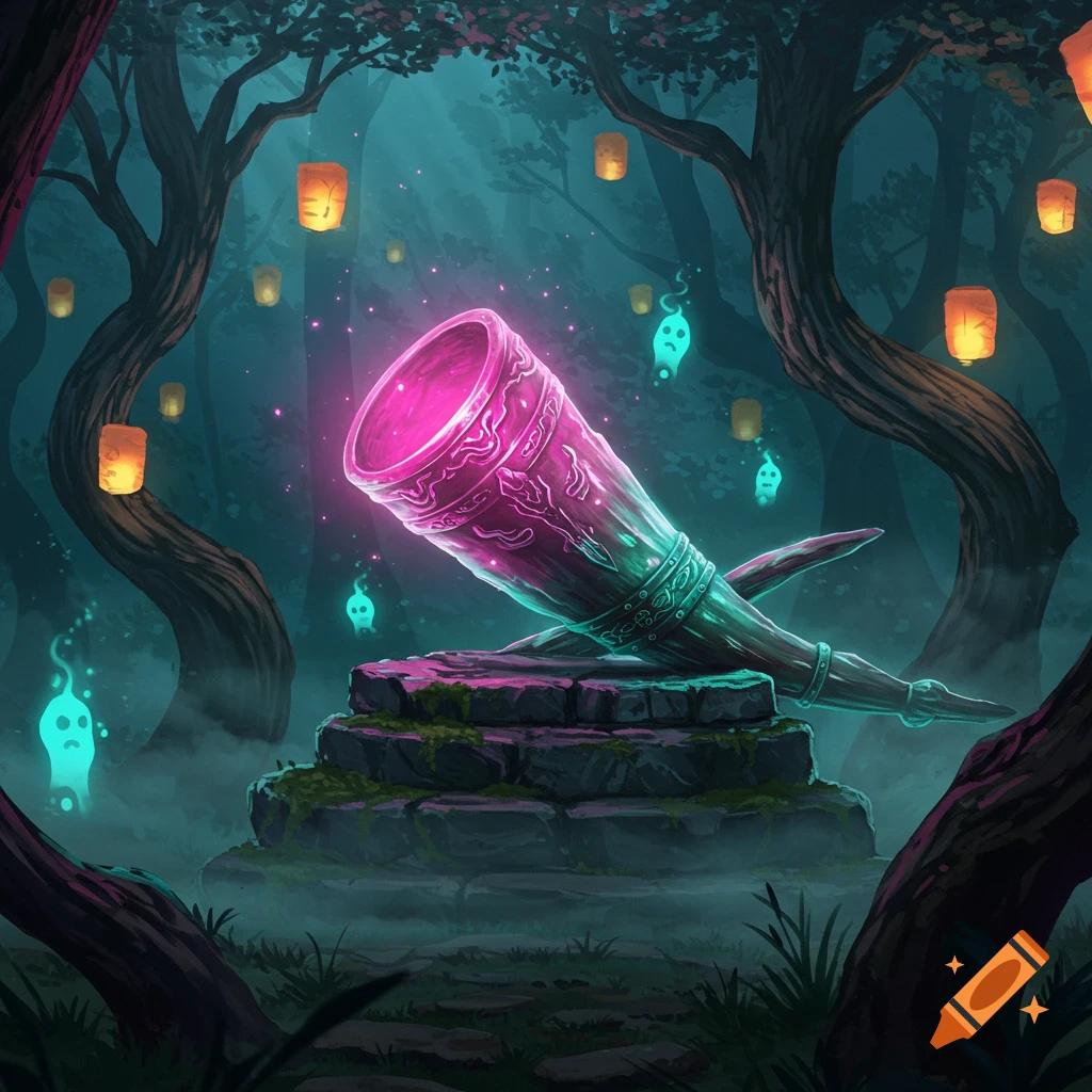 A glowing pink and teal horn on mossy stone steps in a mystical forest with floating spirits and orange lanterns, fantasy digital art.