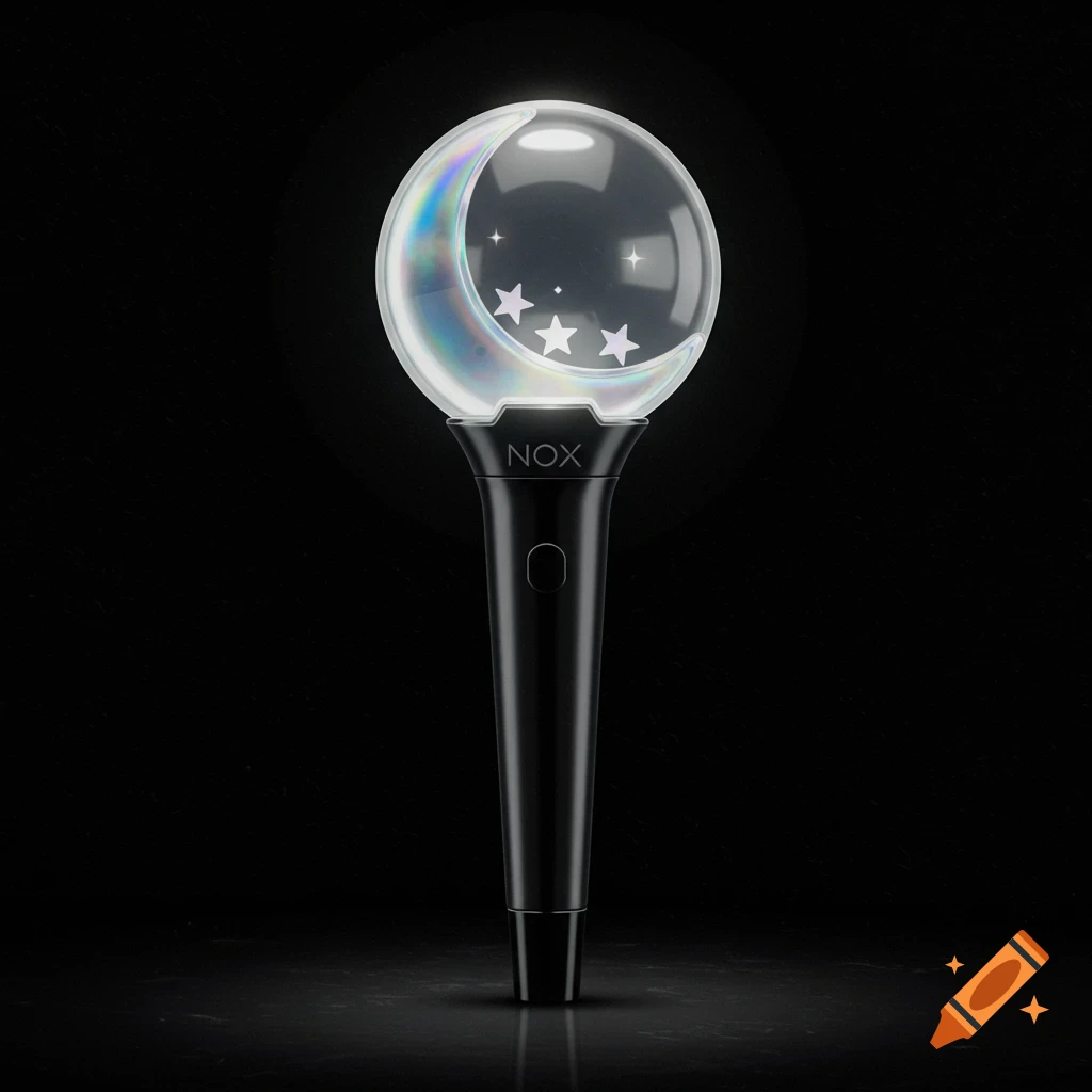 A sleek K-pop lightstick for NOX, with a matte black handle, a crystal globe containing a glowing crescent moon and three stars, on a dark reflective surface.