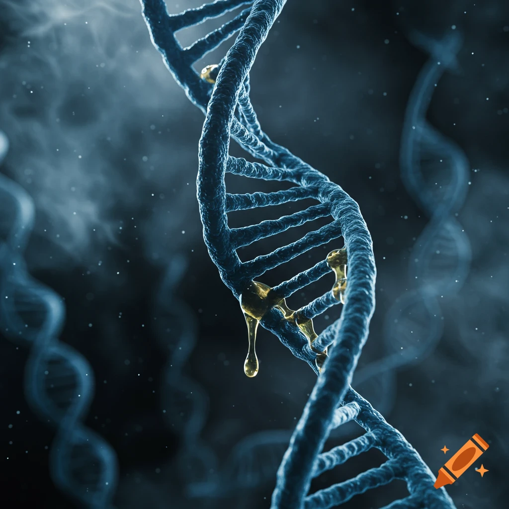 A photorealistic blue DNA helix drips with yellow viscous liquid against a dark, misty background.