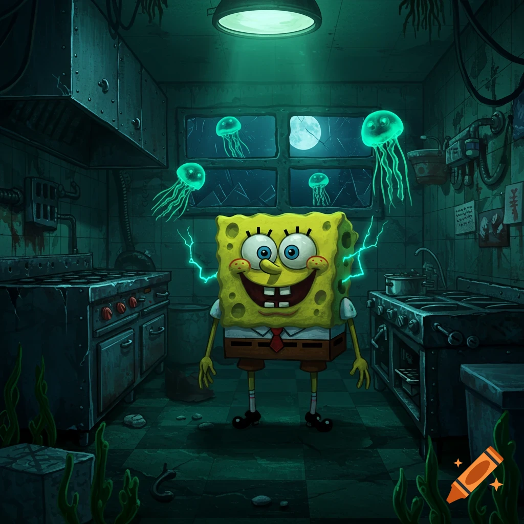 SpongeBob in a dark, grimy kitchen, crackling with green electricity, surrounded by glowing jellyfish and a moonlit window.