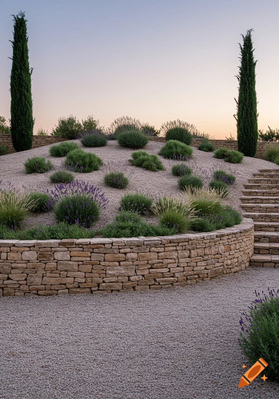 A beautifully landscaped Mediterranean garden features a gravel hill with lavender and grasses, bordered by a curving dry stone wall and cypress trees under a clear evening sky.