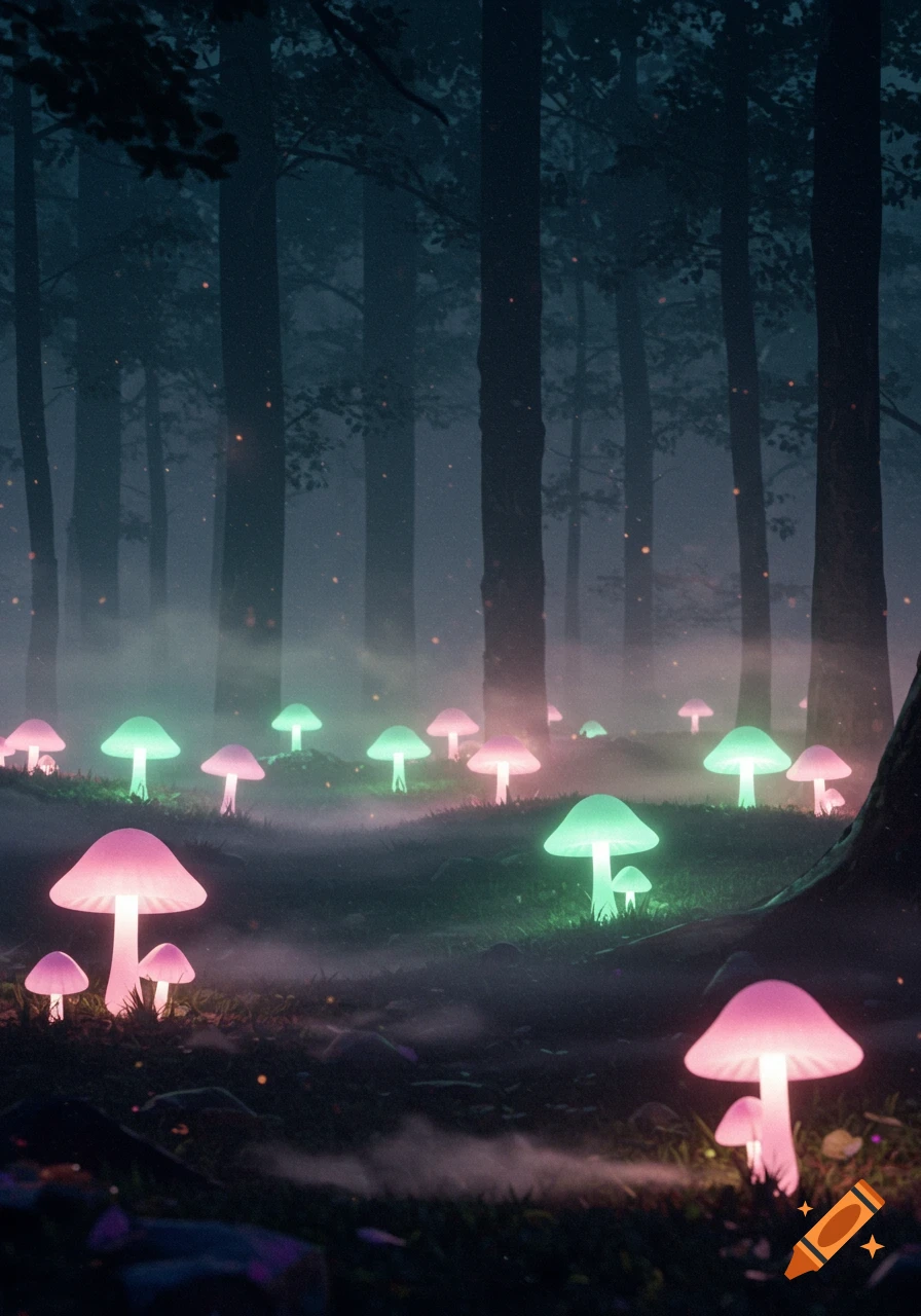 Glowing pink and green mushrooms illuminate a misty, dark forest floor with tall trees in the background.