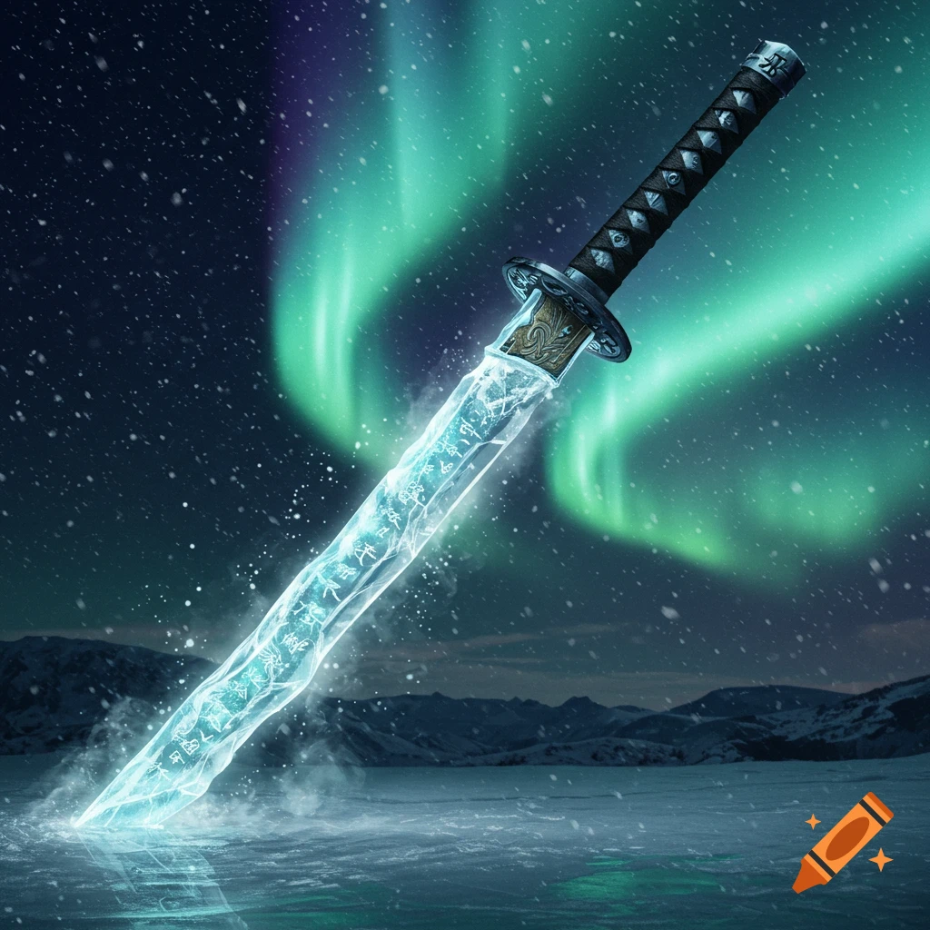 A glowing ice katana plunged into a frozen landscape under a vivid green aurora borealis and falling snow.