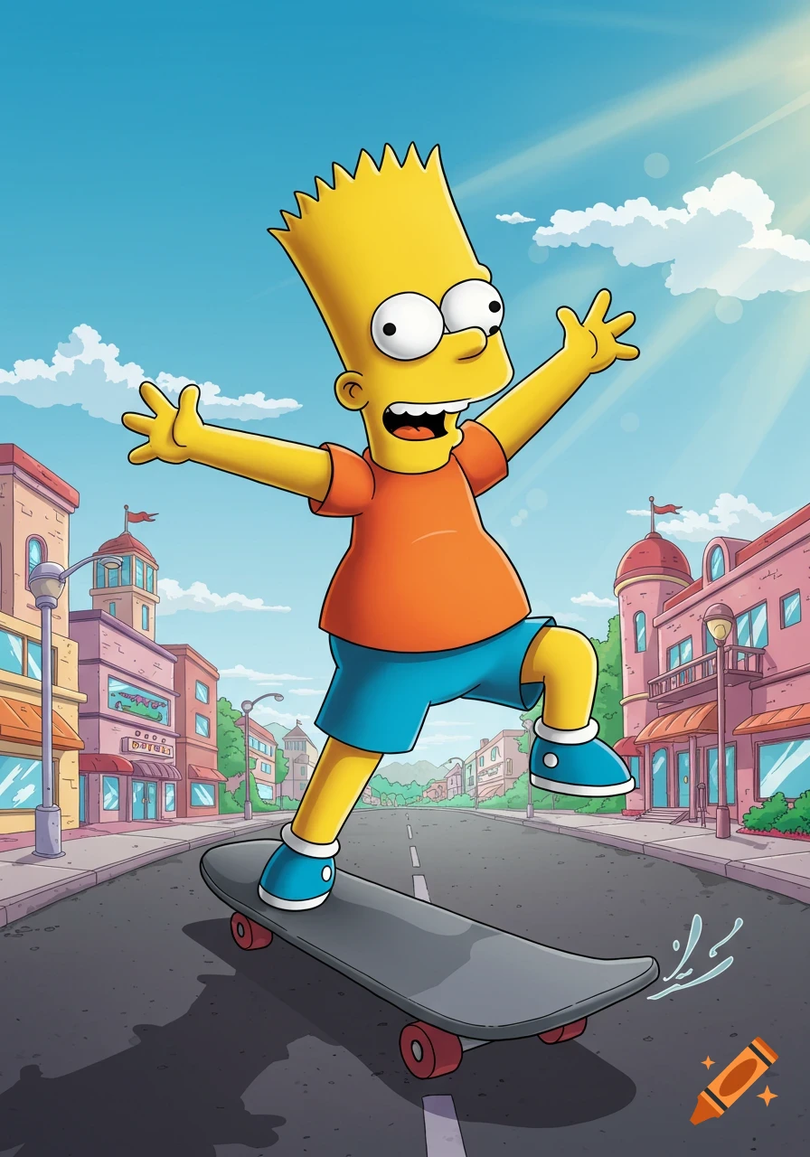 Bart Simpson from The Simpsons animated cartoon skateboarding down a sunny street past storefronts.