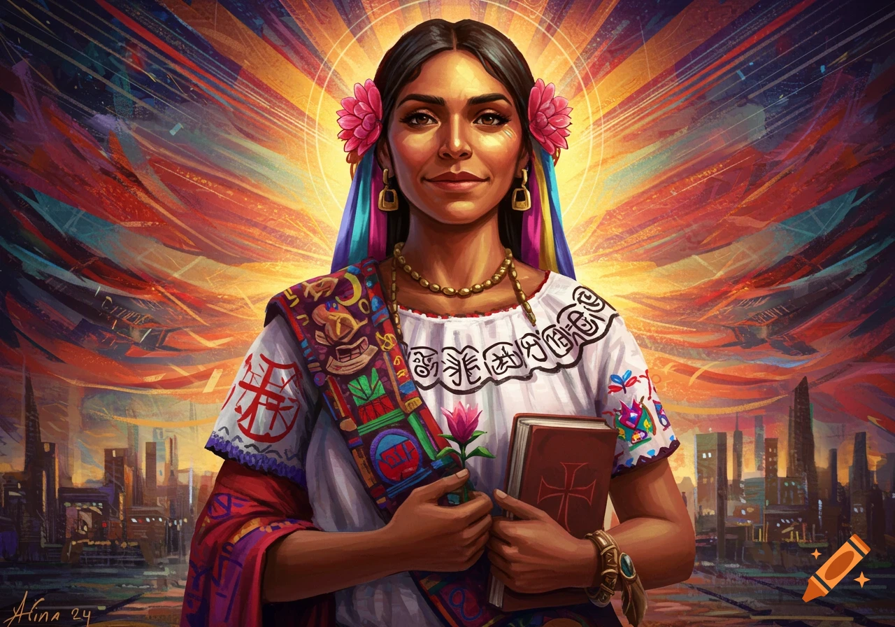 An artistic portrait of a radiant Latina woman in traditional attire, holding a flower and a book, against a colorful, stylized cityscape with a glowing halo.