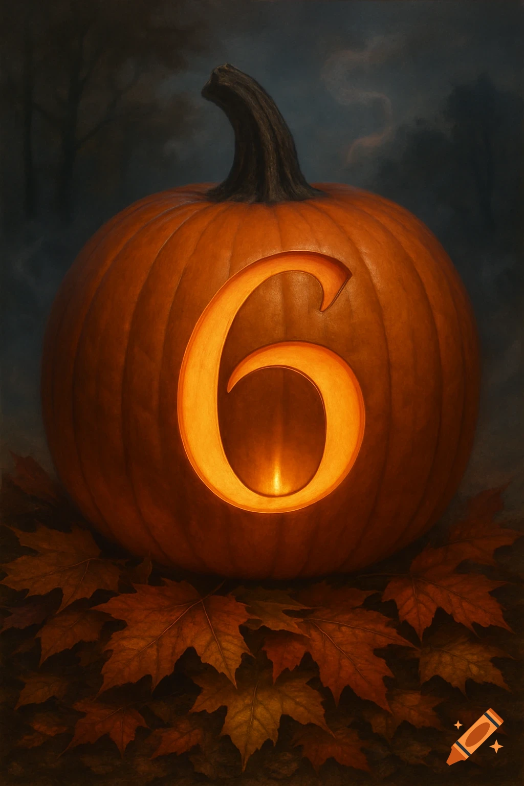 A glowing orange pumpkin carved with a number 6 sits among fallen autumn leaves in a dark, atmospheric setting.