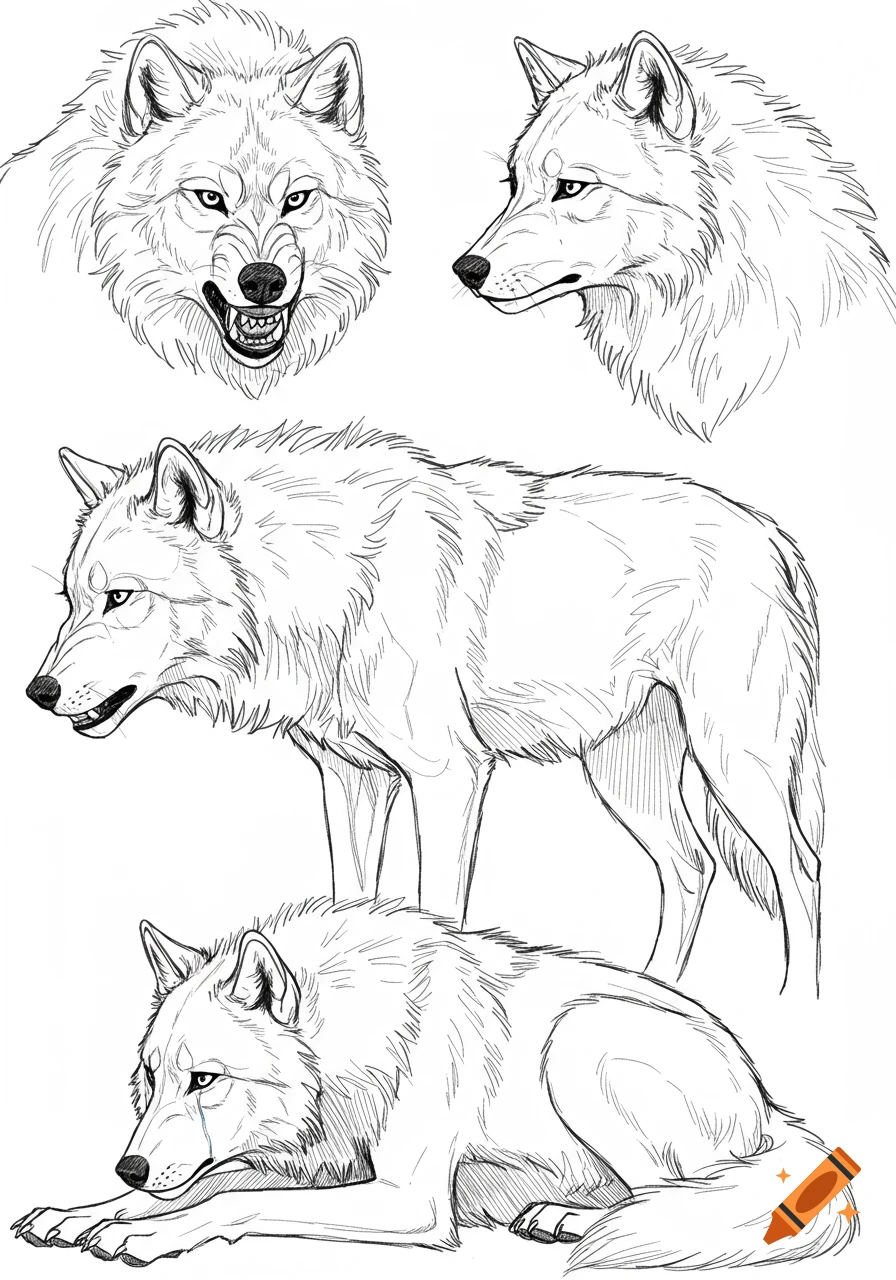 Four black and white line art sketches of wolves in various poses, including snarling, profile, standing, and sad lying down.