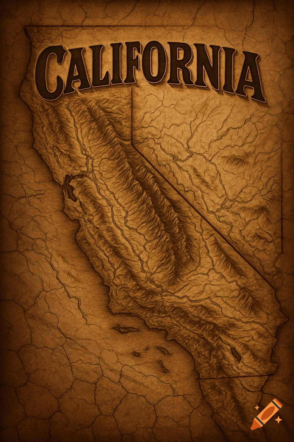 Vintage, textured map of California with topographical details and 'CALIFORNIA' in an embossed cowboy-style font.