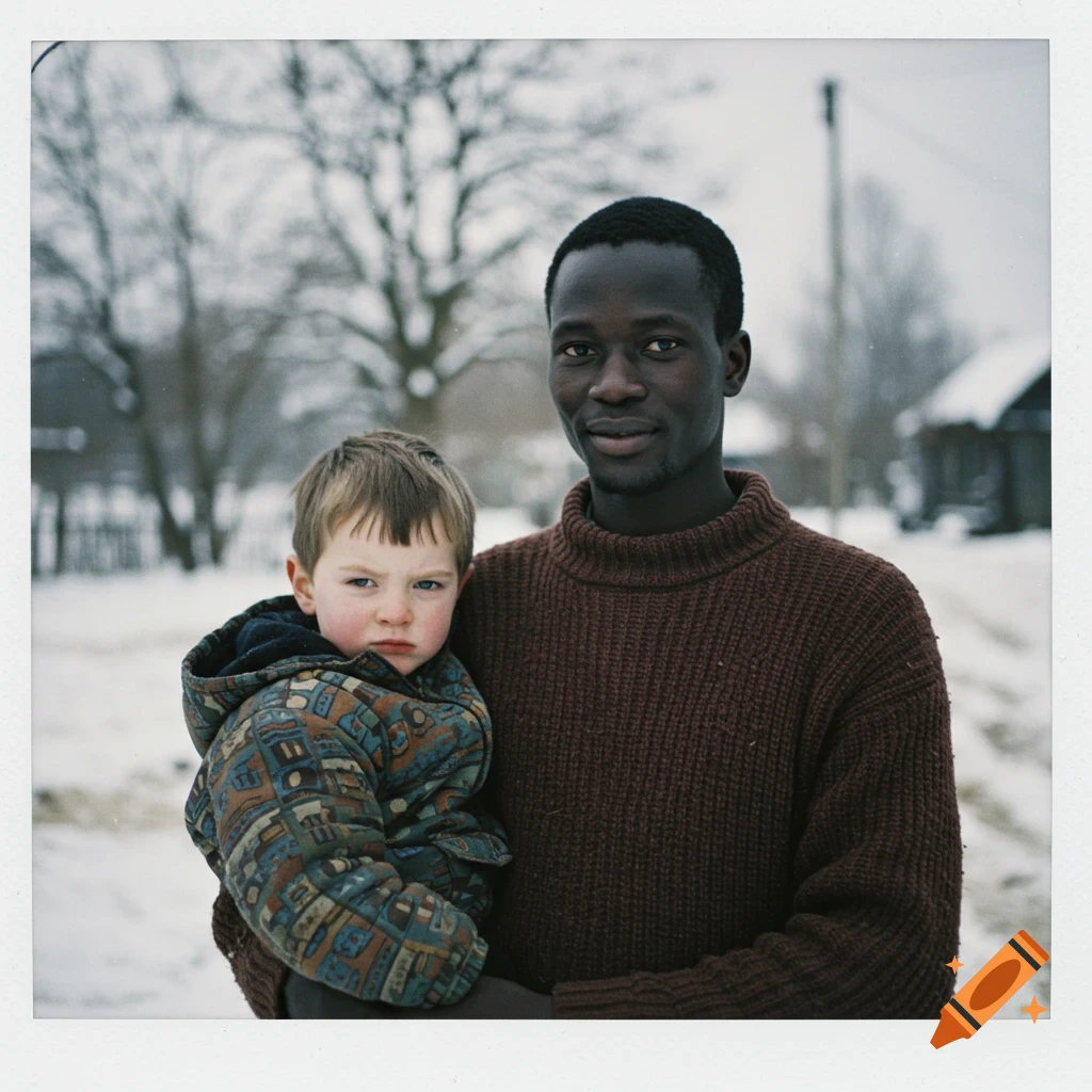 A 1990s Polaroid photo of an African man holding a small, frowning boy in snowy rural Russia.