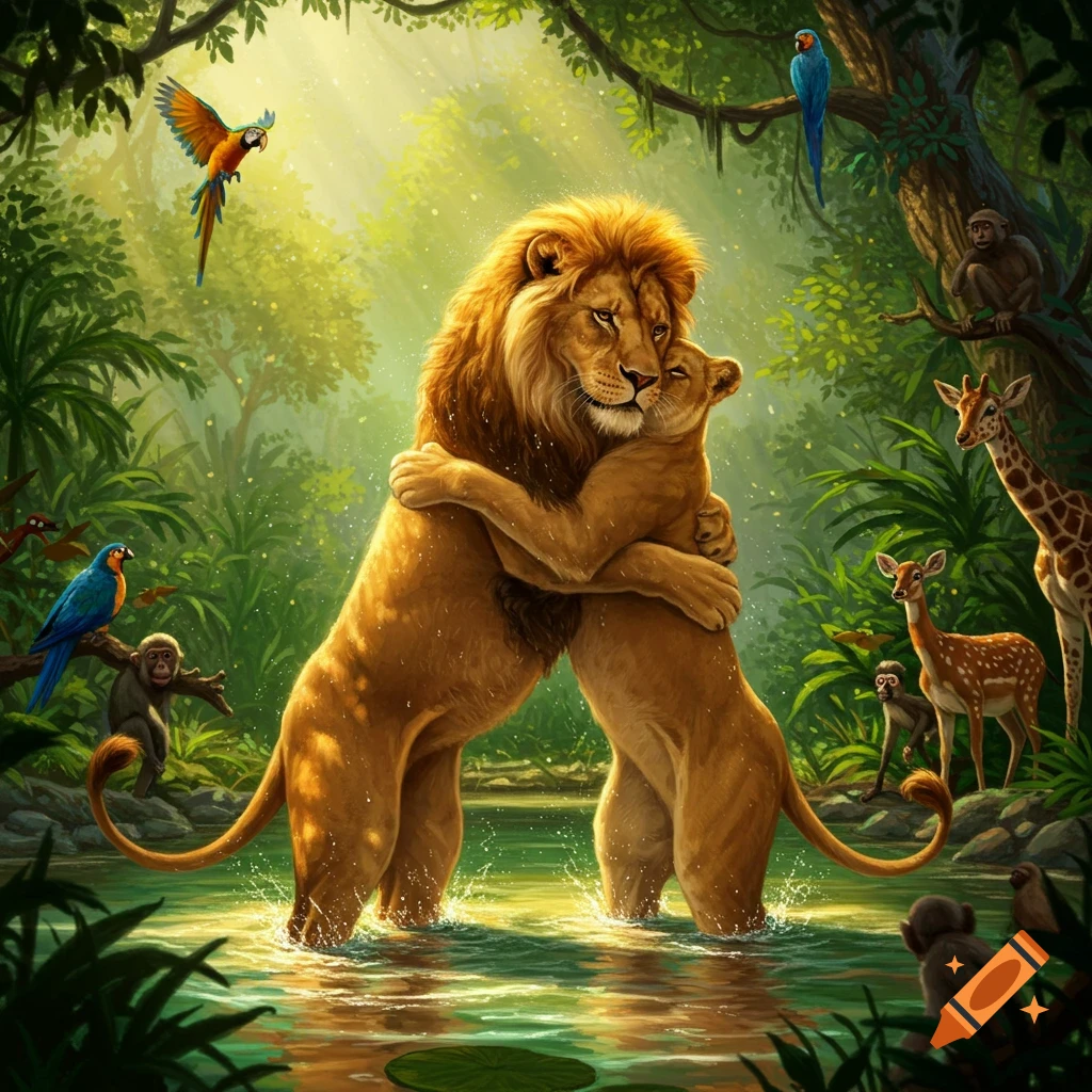 A majestic lion and lioness embrace in a shallow river in a lush, sunlit jungle, surrounded by parrots, monkeys, deer, and a giraffe.