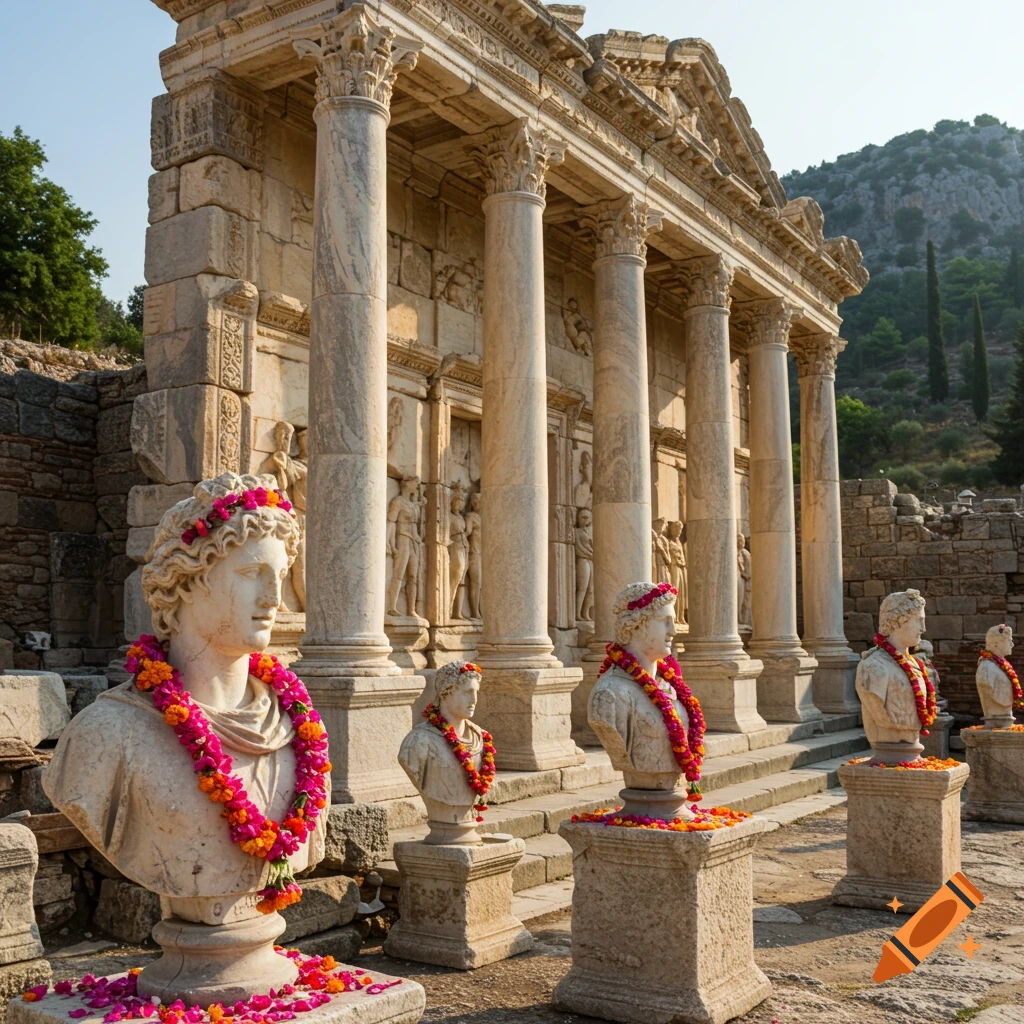 Ancient Greek temple ruins with columns and several marble busts adorned with colorful flower garlands and petals.