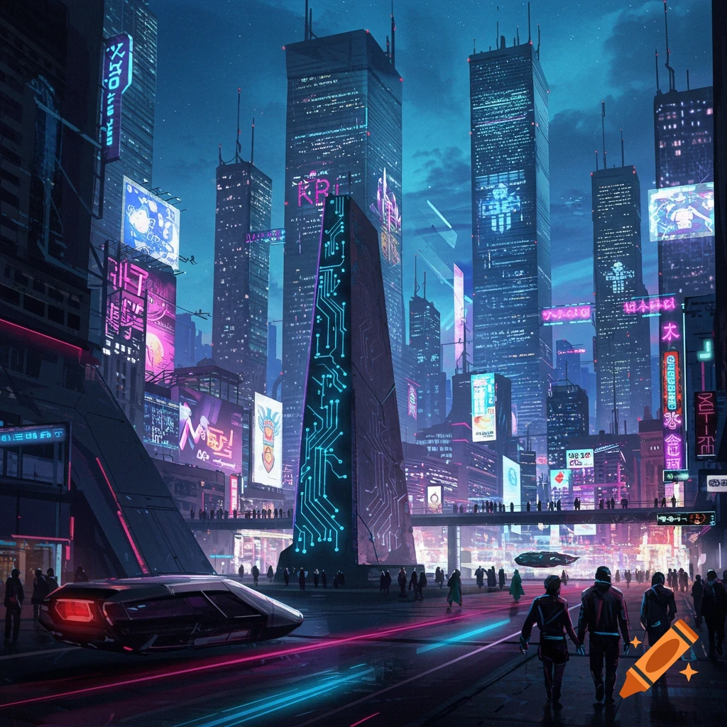 A bustling cyberpunk city at night, featuring neon-lit skyscrapers, glowing signs, flying vehicles, and pedestrians on illuminated streets.