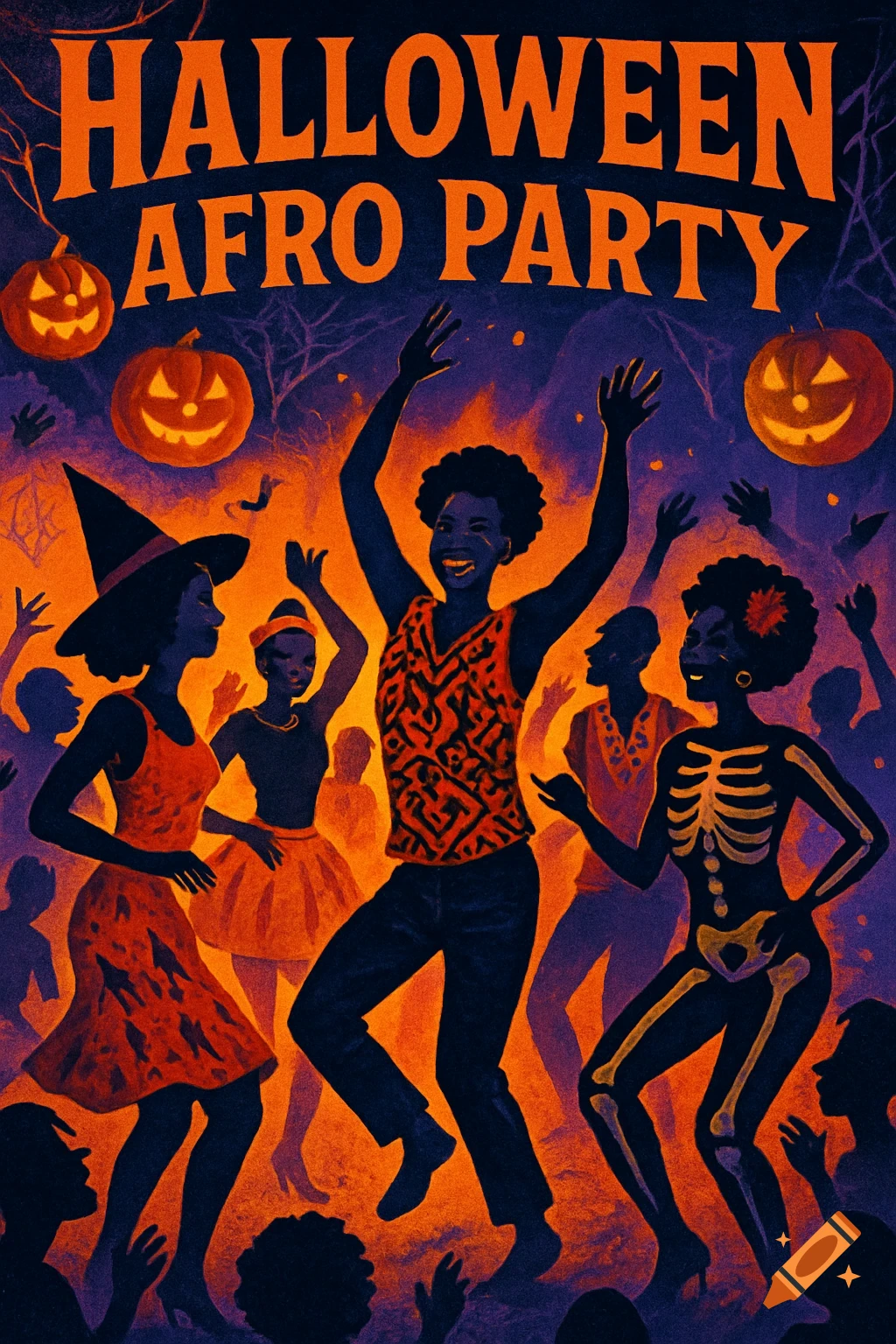 Poster for a 'Halloween Afro Party' featuring silhouetted people dancing under jack-o'-lanterns, with vibrant orange and purple colors.