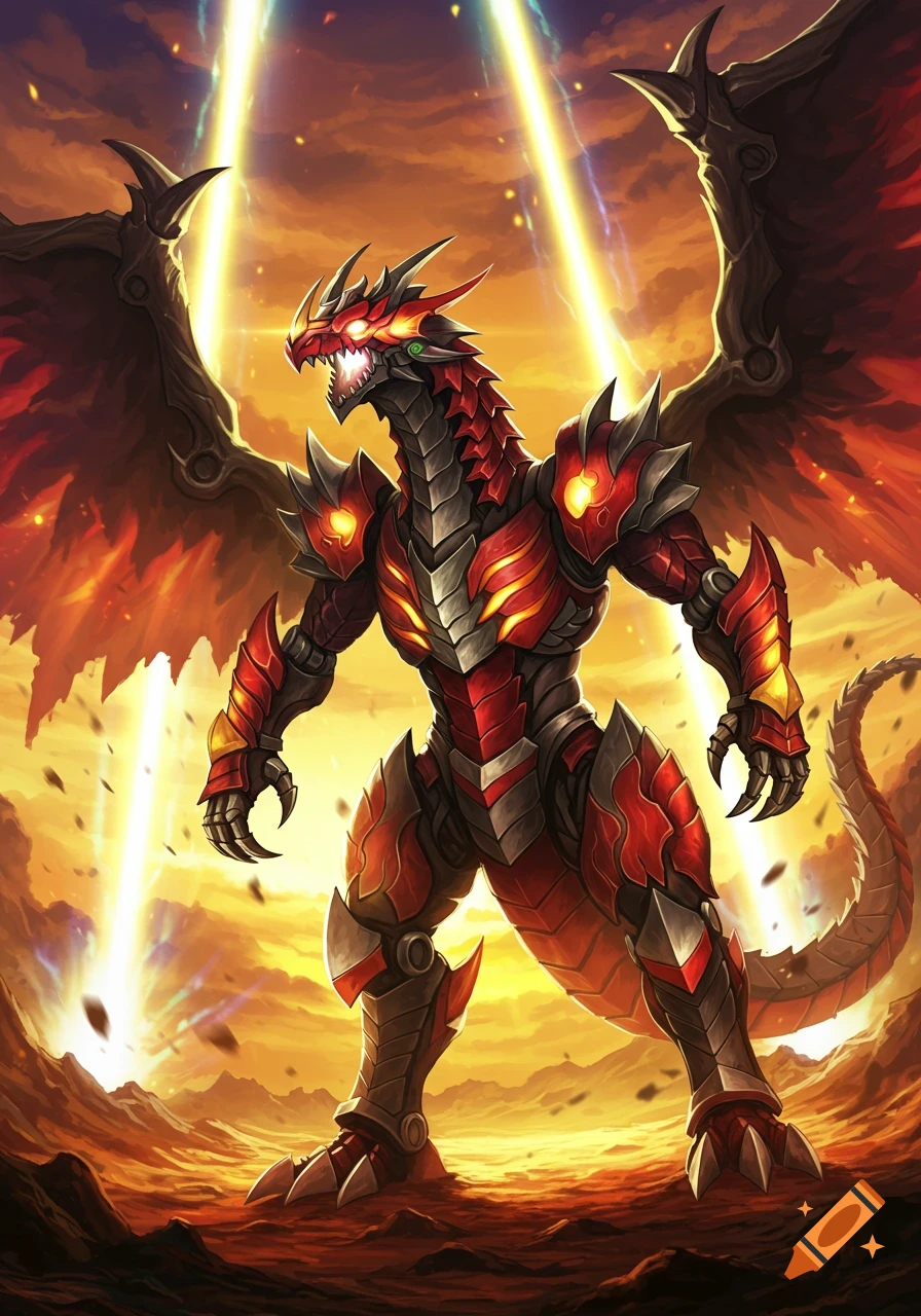 A powerful red and black armored dragon-like monster stands heroically against a fiery sky with two light beams.